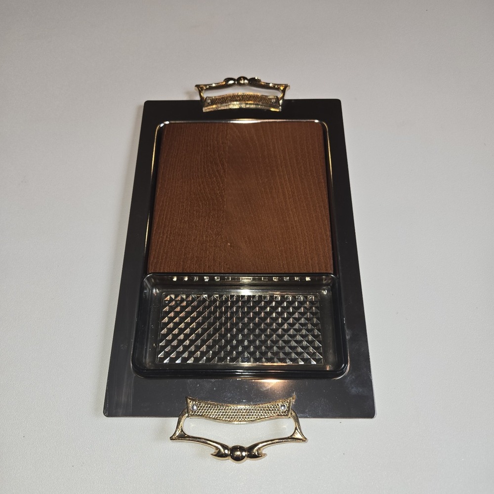 Kromex‎ 4424-21 Snack Server Tray Chrome Wood Insert Mid Century NOS USA
